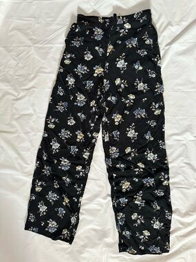 H&M Black Floral Wide-Leg Pants with Blue and Yellow Blooms